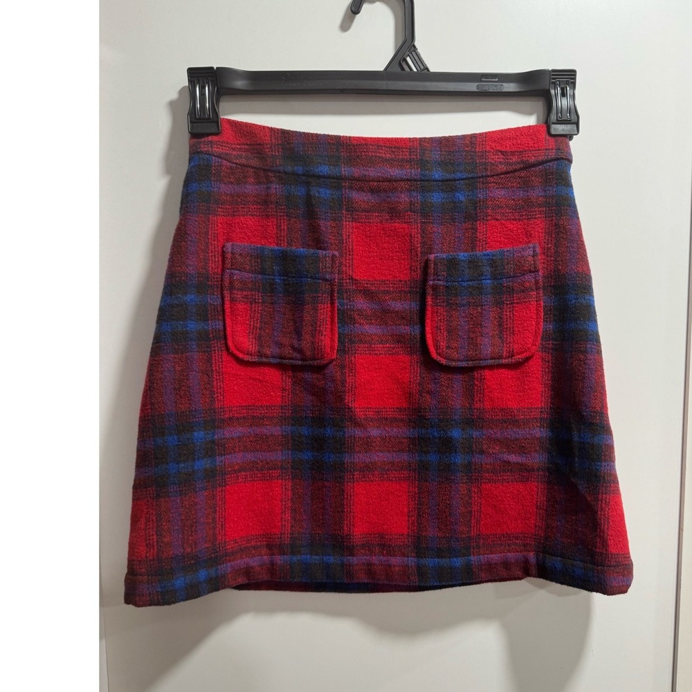 Free‎ Press Red Plaid Wool Blend Mini Skirt Front Pockets Size XS RK370970M